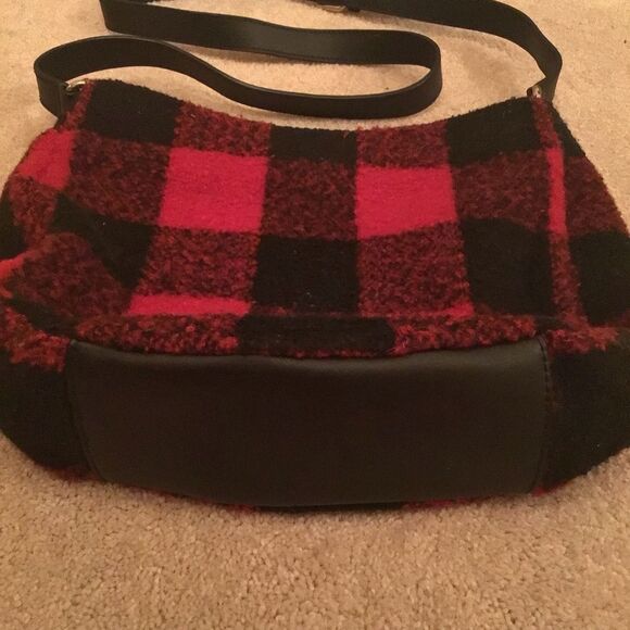 Talbots Wool Blend Red/Black Buffalo Plaid Crossbody Leather Trim Bag - Picture 2 of 8